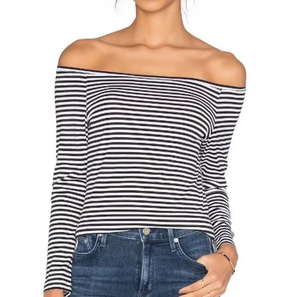 Theory "Ennalyn" Striped Off The Shoulder Boatneck 3/4 Sleeve Tee- Sz. Sm - Picture 1 of 9